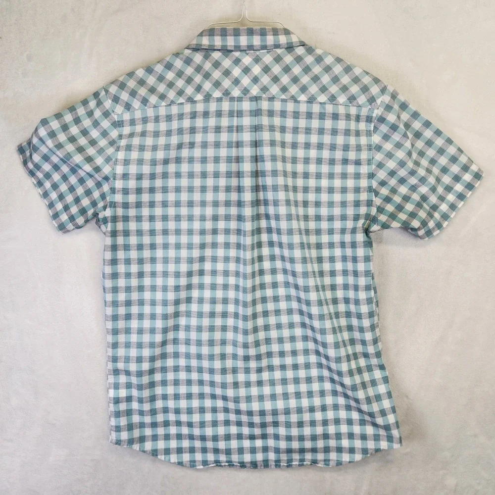 Levis Mens Short Sleeve Button Down Shirt Teal White Gingham Plaid‎ Size M